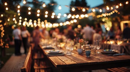 Elegant outdoor summer dinner party with rustic wooden table, string lights, place settings, and guests enjoying evening gathering under warm ambiance
