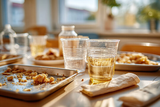 Table filled with empty glasses and leftover food in bright sunlight during afternoon gathering