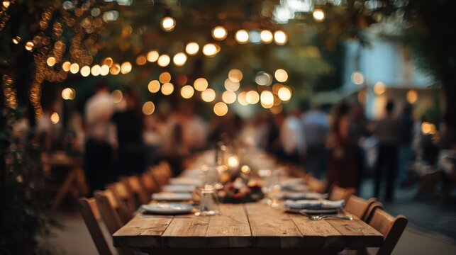 Elegant outdoor summer dinner party with rustic wooden table, string lights, place settings, and guests enjoying evening gathering under warm ambiance