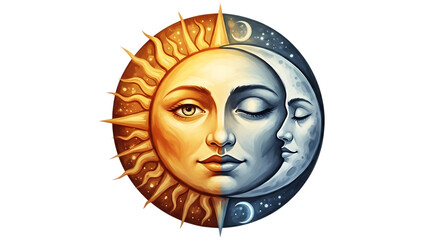Sun and moon face symbol representing day and night duality isolated on transparent background