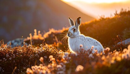 Serene sunrise with a mountain hare amidst blossoming heather in the highlands