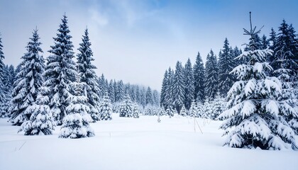 Naklejka premium Serene winter landscape featuring snow-covered fir trees in a tranquil forest setting