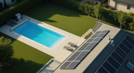 Fototapeta premium Aerial perspective of a sustainable home equipped with solar panels blue pool and wellkept yard.
