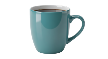Teal ceramic mug filled with coffee isolated on transparent background