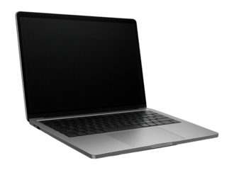 Sleek slim laptop with open screen and silver body, showcasing a minimalist and modern design on transparent background.
