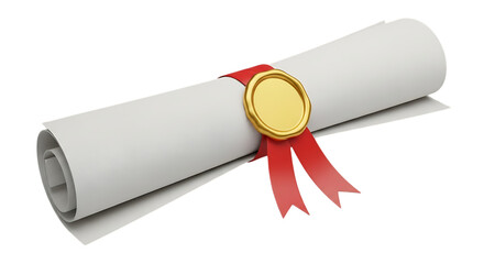 Rolled diploma with red ribbon and gold seal isolated on transparent background