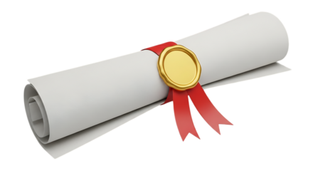 Rolled diploma with red ribbon and gold seal isolated on transparent background