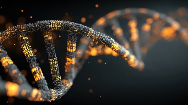 Digital DNA double helix structure intertwined with glowing binary code representing biotechnology, genetic engineering, and digital biology concepts