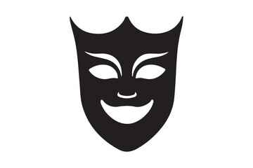 Black silhouette of a smiling theatrical mask with a crown