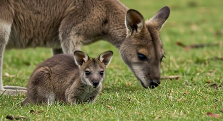 Adorable baby wallaby joey exploring grassy field with its mother searching for food, natural habitat