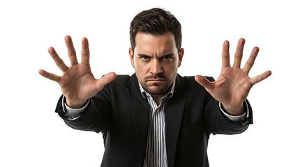 Angry businessman with hands up gesturing stop on a white background