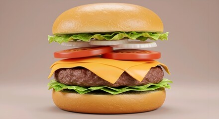 A cheeseburger with lettuce, tomato, onion, and cheese on a toasted bun, presented against a plain background AI Generated