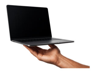 Hand holding a sleek, thin, and modern laptop with a blank screen on transparent background.
