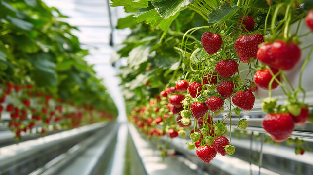 an innovative greenhouse of red and green strawberry's farm - Powered by Adobe