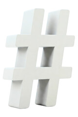 Obraz premium White three-dimensional hashtag symbol for social media concept isolated on a transparent background