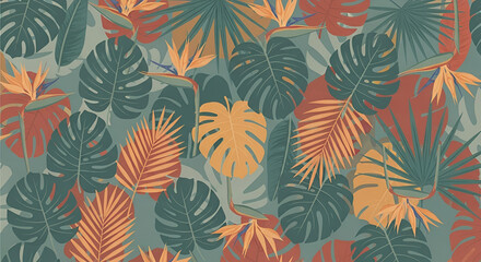 Seamless tropical pattern with colorful exotic jungle leaves and flowers. Modern botanical background with monstera and palm fronds.