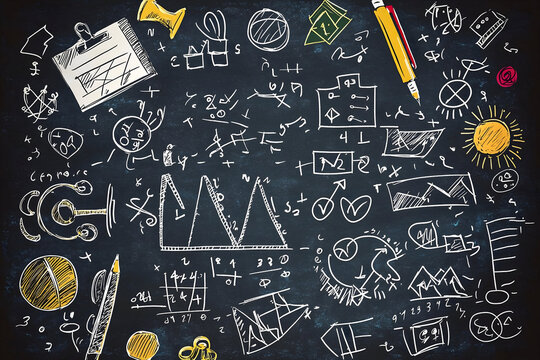 Creative learning concept with chalk drawings doodles and vibrant colors covering a blackboard background showcasing math science and artsy composition elements

 - Powered by Adobe