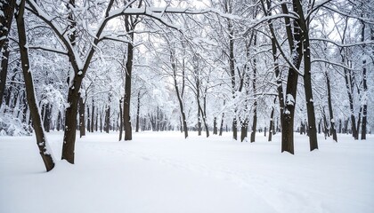 Serene winter wonderland scene featuring snow-covered trees in a secluded forest