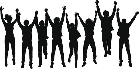 Group of people jumping, silhouette, celebration, teamwork, unity, happiness, success, energetic, joyful, fun, togetherness, excitement, achievement, motivation