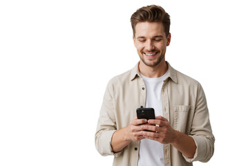 Stylish young man with a trimmed beard, smiling and holding a smartphone at chest level, posed against a transparant background PNG .