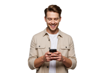 Stylish young man with a trimmed beard, smiling and holding a smartphone at chest level, posed against a transparant background PNG .