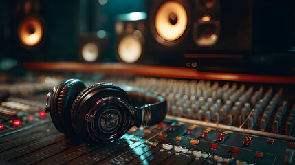 Naklejka premium Headphones on mixing board turntable. Audio post production mixing desk. Professional recording mixing board audio faders with loudspeakers