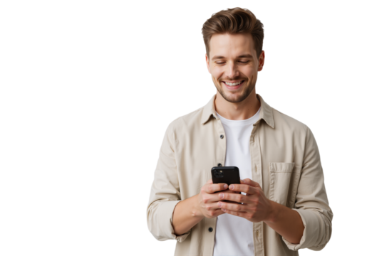 Stylish young man with a trimmed beard, smiling and holding a smartphone at chest level, posed against a transparant background PNG .