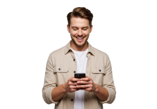 Stylish young man with a trimmed beard, smiling and holding a smartphone at chest level, posed against a transparant background PNG .