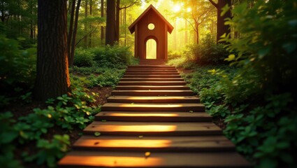Golden Light Leads to Wooden Cabin Deep Within Enchanted Forest