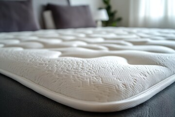 White memory foam mattress topper close-up on grey bed