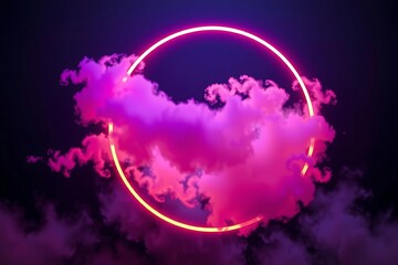 Fototapeta premium Glowing neon ring with pink smoke against a dark purple background