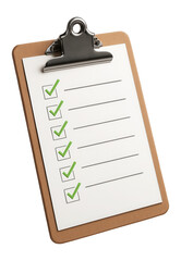 A clipboard with a checklist displaying several green checkmarks indicating tasks completed, on transparent background.