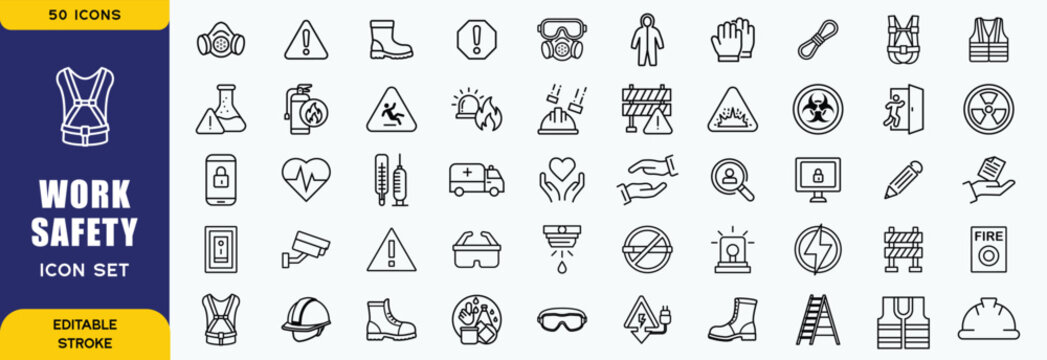 Work safety Outline Vector Icon Collection. A set of outline icons related to Insurance, Fire exit, Notification, Safety signs, Overalls and more. Editable stroke. Vector illustration