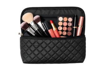 Black quilted makeup bag displaying a complete set of cosmetic brushes, lipsticks, and an eyeshadow palette