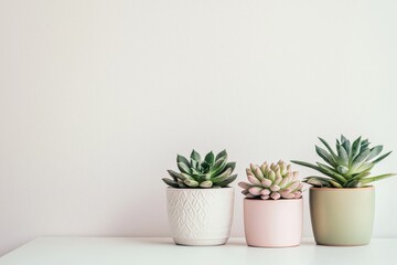 Three potted succulents in green, pink, and white pots on right side of white table against white wall with soft lighting, minimalist clean aesthetic
