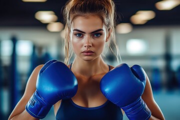 Strong woman boxer in gym wearing blue gloves