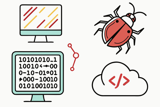 Illustration depicting software development with bug, cloud and binary code on monitors