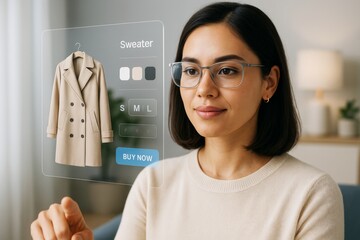 Woman using futuristic digital interface to shop online for clothing with augmented reality technology in a bright home environment. Ai generative