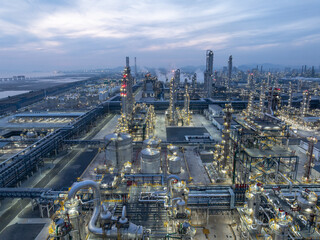 areial view oil refinery at night