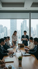 Business people having a meeting in a modern office building. Ideal for illustrating corporate teamwork and professional networking situations.