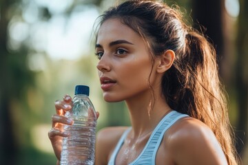 Fit woman holding water bottle post workout