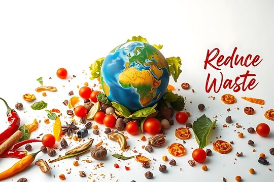 Earth surrounded by fresh food and spices, isolated on white background