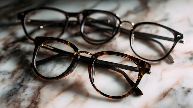 A collection of stylish eyeglass frames arranged on a marble surface  long title Multiple contemporary eyeglass frames in various designs are