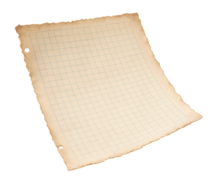 A vintage-style, aged graph paper sheet with torn edges and two punched holes, featuring a blue grid pattern on transparent background.