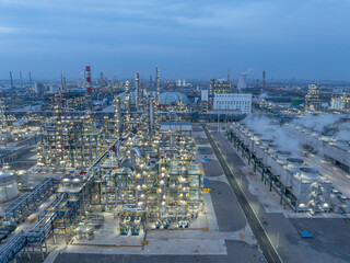 areial view oil refinery at night