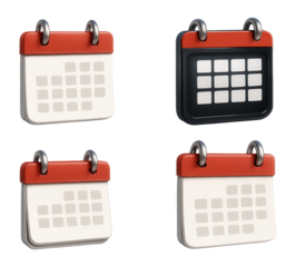 Four stylized calendar icons with red tops and grid-like layouts, featuring variations in color and design on transparent background.