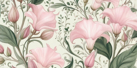 Abstract Delicate floral pattern with pink bell flowers and lush greenery background with texture.