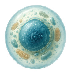Detailed illustration of a human cell showcasing the nucleus, mitochondria, and various organelles on transparent background.