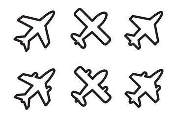 Airplane icon set vector on white background . Plane icon silhouette. Airplane icon.  Set of black plane silhouette icon. Vector Illustration. 