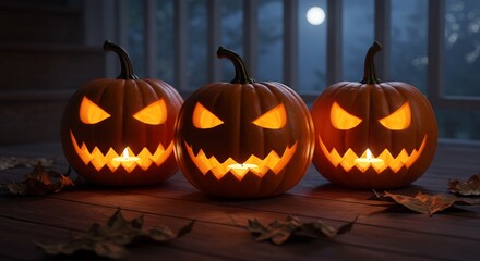 Three lit jackolanterns sit on a wooden surface leaves scattered around with a backdrop of a moonlit night